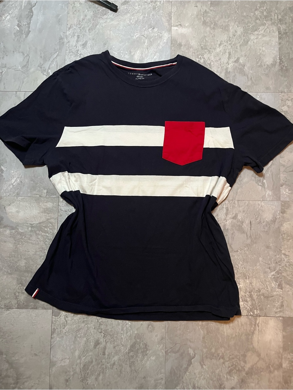 Tommy Hilfiger Navy Tee with White Stripes and Red Pocket